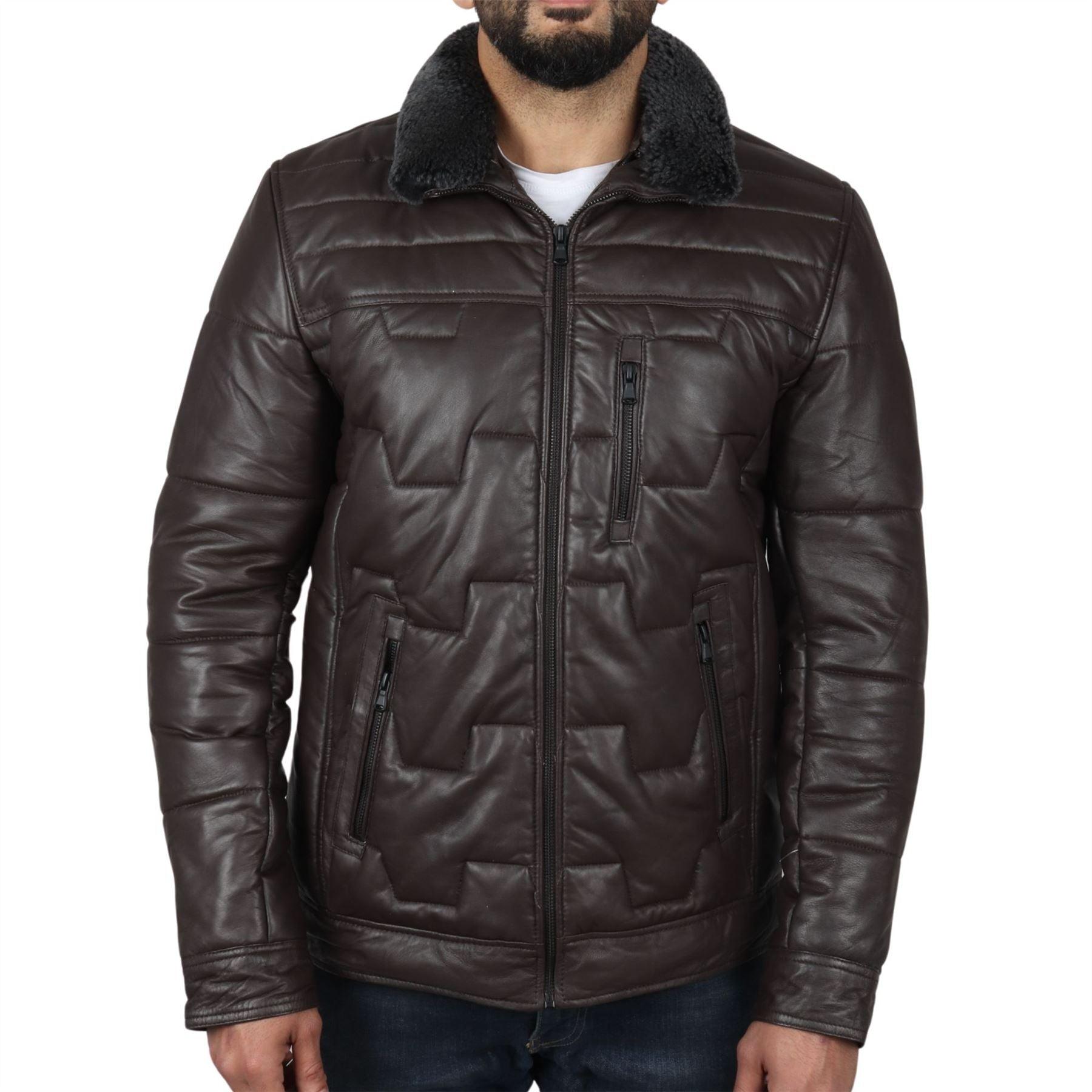 Men's Quilted Padded Real Leather Safari Parka Coat Jacket Fleece Collar - Knighthood Store