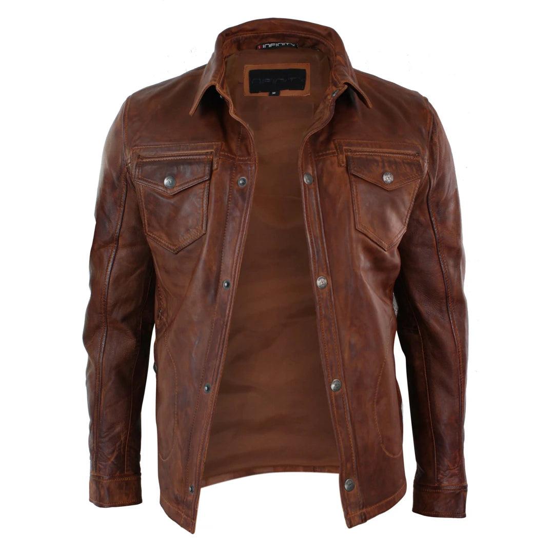 Mens Tan Timber Wine Red Washed Slim Fit Shirt Jacket Retro Smart Casual Genuine Leather - Knighthood Store