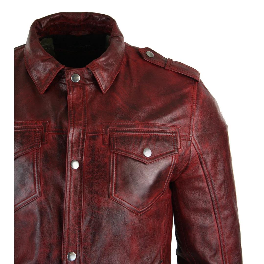 Mens Tan Timber Wine Red Washed Slim Fit Shirt Jacket Retro Smart Casual Genuine Leather - Knighthood Store