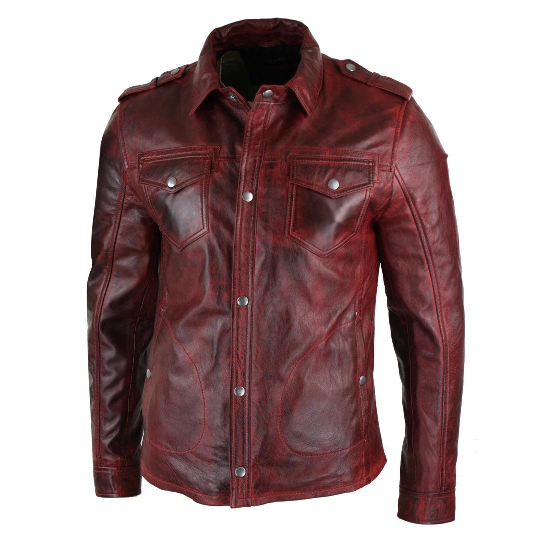 Mens Tan Timber Wine Red Washed Slim Fit Shirt Jacket Retro Smart Casual Genuine Leather - Knighthood Store