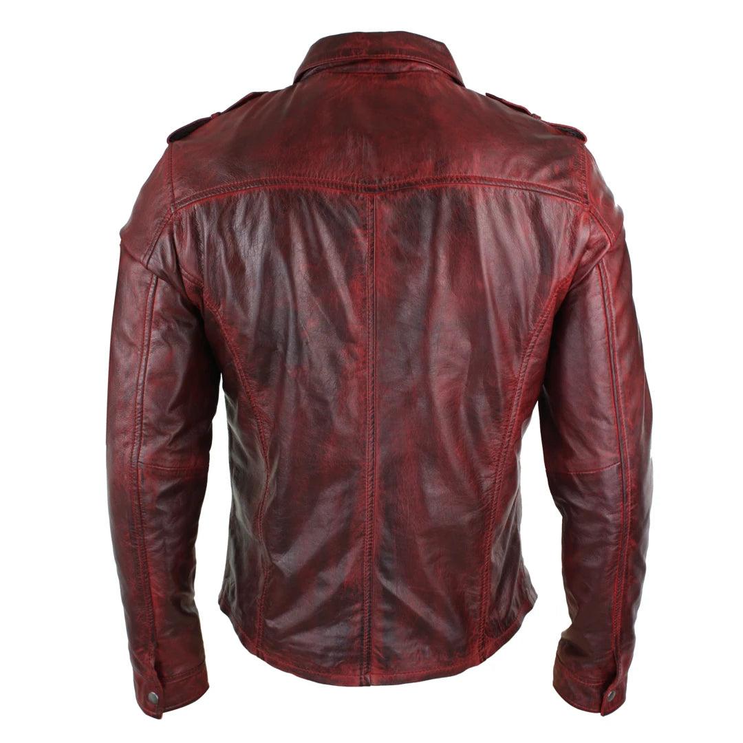 Mens Tan Timber Wine Red Washed Slim Fit Shirt Jacket Retro Smart Casual Genuine Leather - Knighthood Store