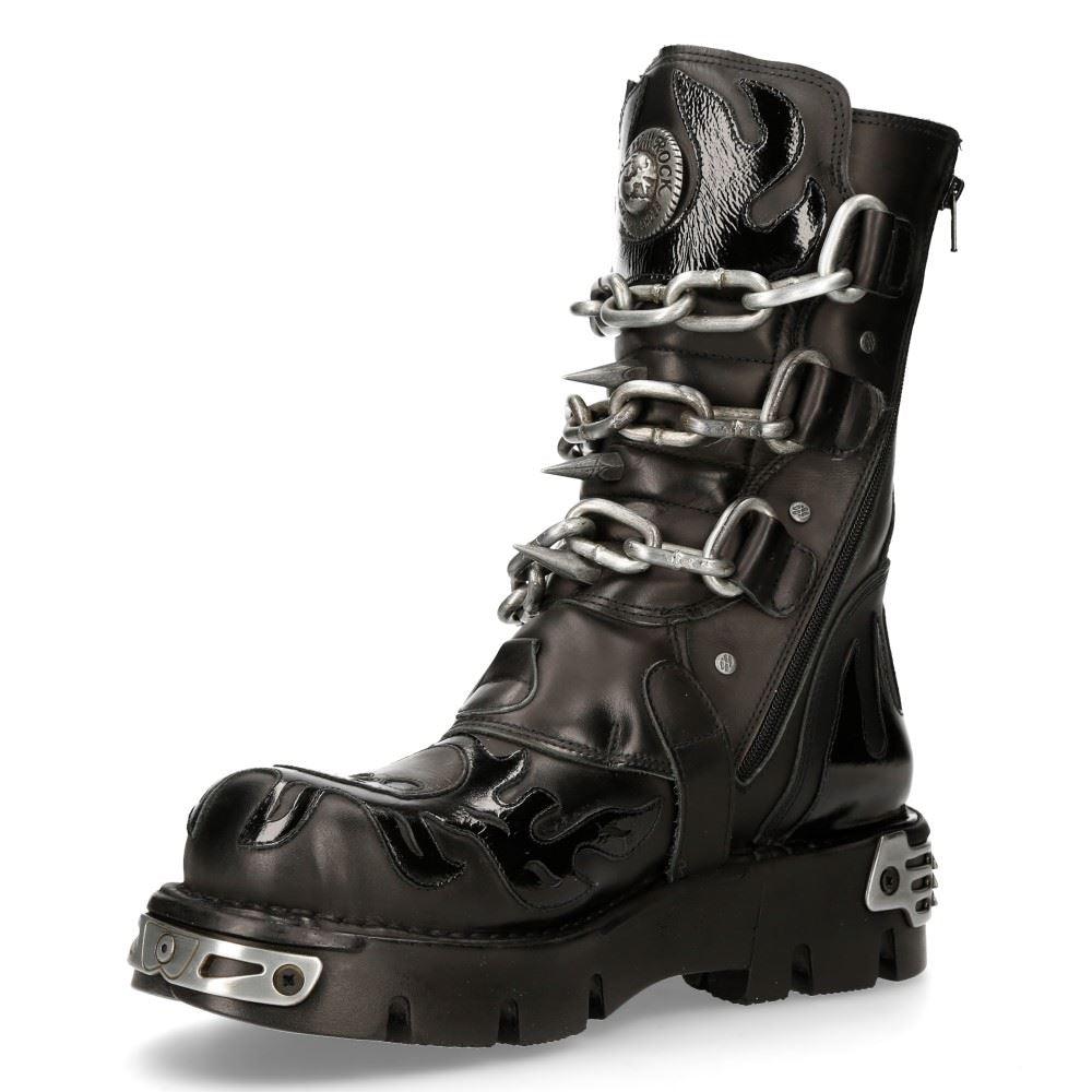 New Rock Mens Black Leather Skull Flame Reactor Boots M.727-S1 - Knighthood Store
