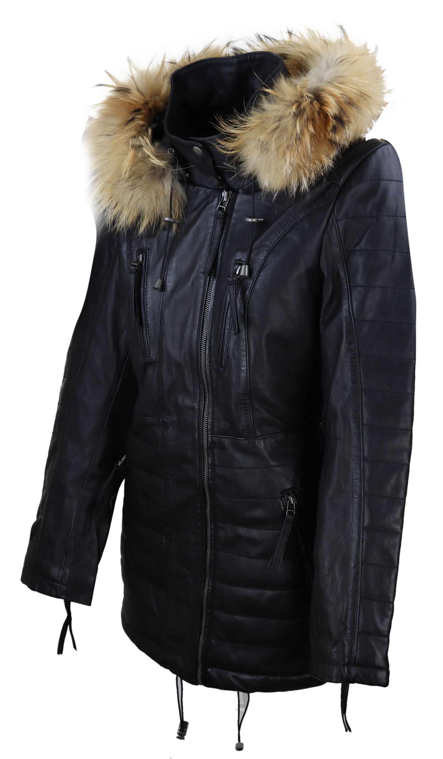 Womens Real Leather Parka Jacket 3/4 Fur Hood Zipped Brown Tan Grey Tailored Fit