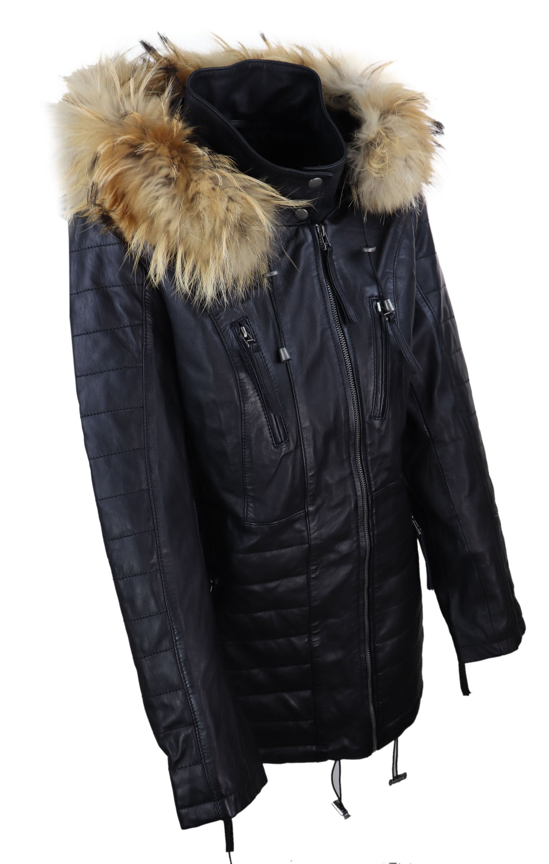 Womens Real Leather Parka Jacket 3/4 Fur Hood Zipped Brown Tan Grey Tailored Fit