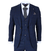 Marcos - Men's Navy Blue Plaid Check Slim Fit 3 Piece Suit