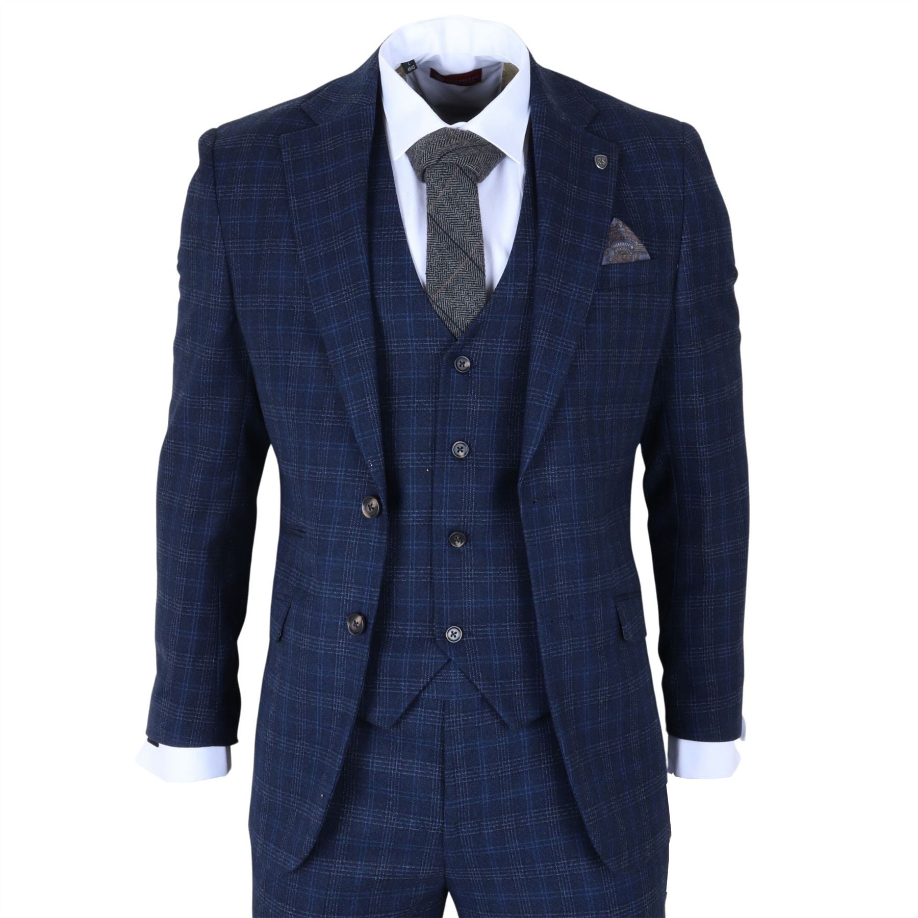 Marcos - Men's Navy Blue Plaid Check Slim Fit 3 Piece Suit