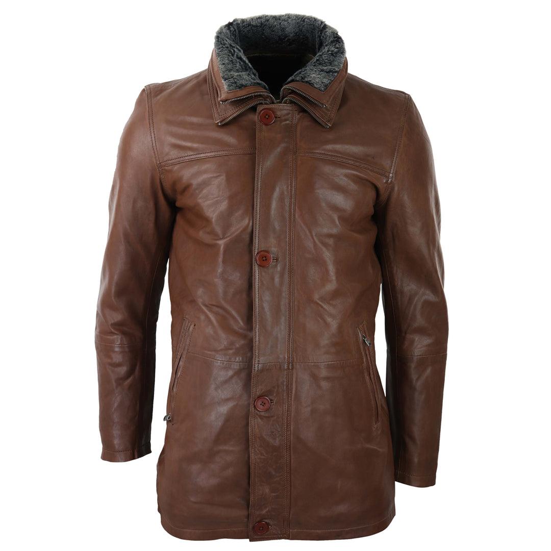 Mens 3/4 Long Real Leather Safari Jacket Classic Car Coat Zip Button Cover - Knighthood Store