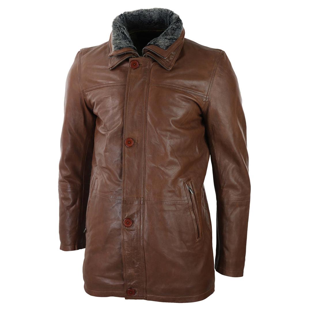 Mens 3/4 Long Real Leather Safari Jacket Classic Car Coat Zip Button Cover - Knighthood Store