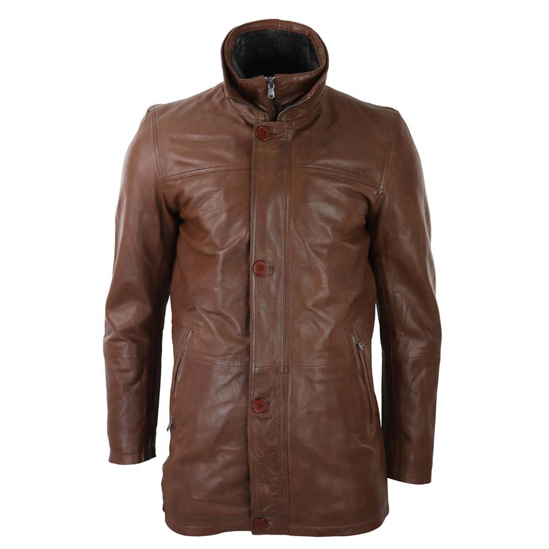 Mens 3/4 Long Real Leather Safari Jacket Classic Car Coat Zip Button Cover - Knighthood Store