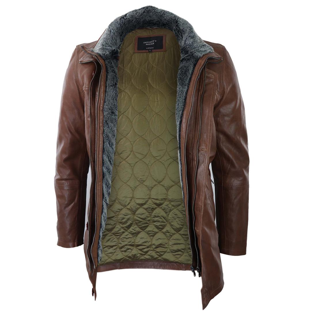 Mens 3/4 Long Real Leather Safari Jacket Classic Car Coat Zip Button Cover - Knighthood Store