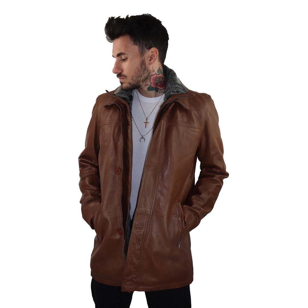 Mens 3/4 Long Real Leather Safari Jacket Classic Car Coat Zip Button Cover - Knighthood Store