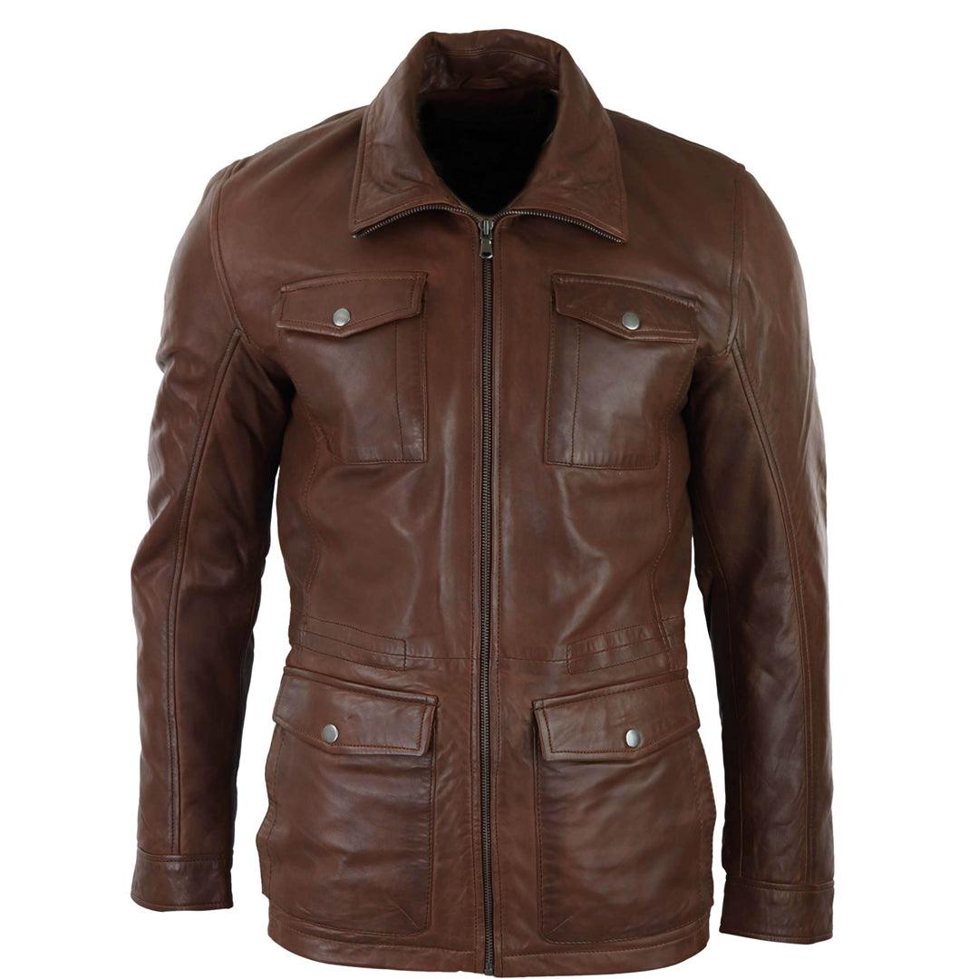 Mens Tan Brown 3/4 Jacket Real Leather Safari Hunting Country Coat Classic - Knighthood Store