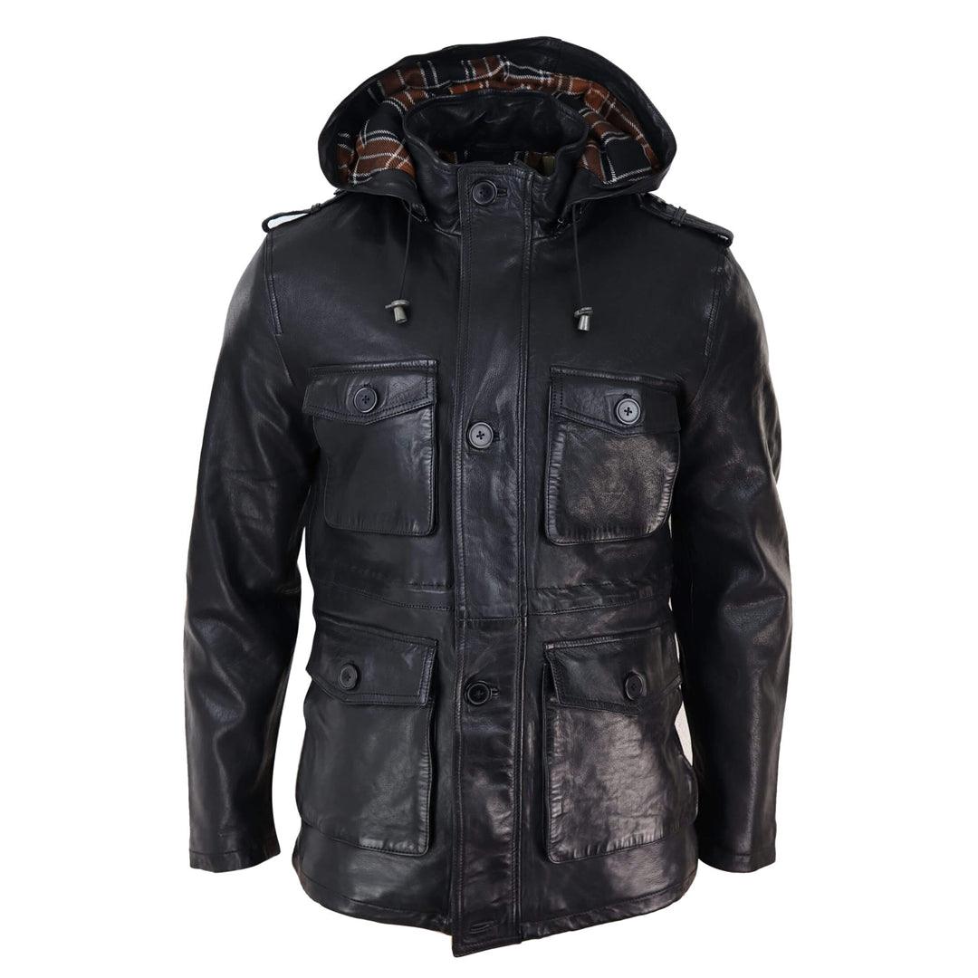 Mens 3/4 Long Real Leather Duffle Jacket Coat Safari Detachable Hood Military - Knighthood Store