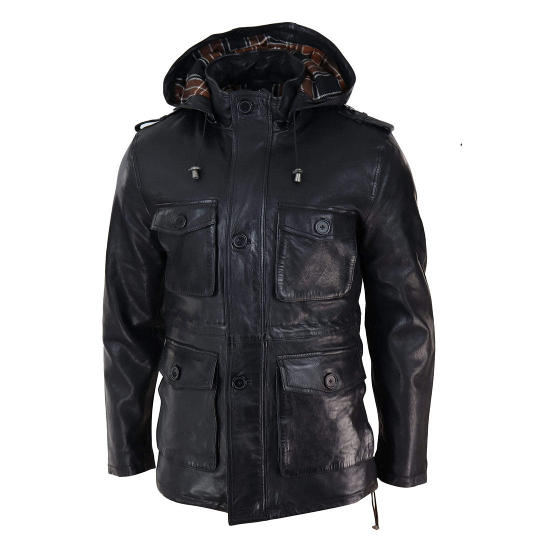 Mens 3/4 Long Real Leather Duffle Jacket Coat Safari Detachable Hood Military - Knighthood Store