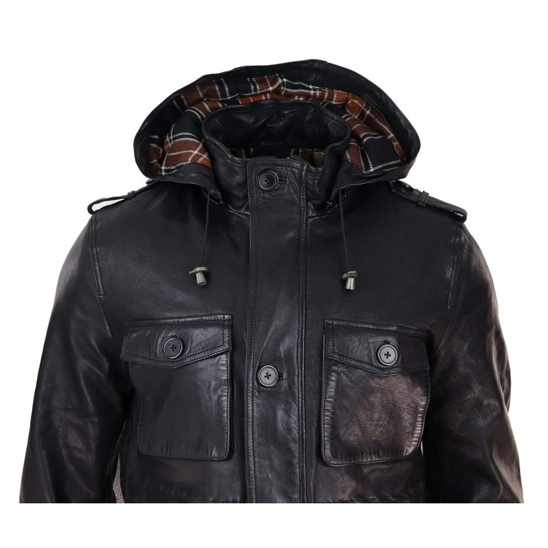 Mens 3/4 Long Real Leather Duffle Jacket Coat Safari Detachable Hood Military - Knighthood Store