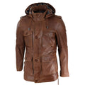 Mens 3/4 Long Real Leather Duffle Jacket Coat Safari Detachable Hood Military - Knighthood Store