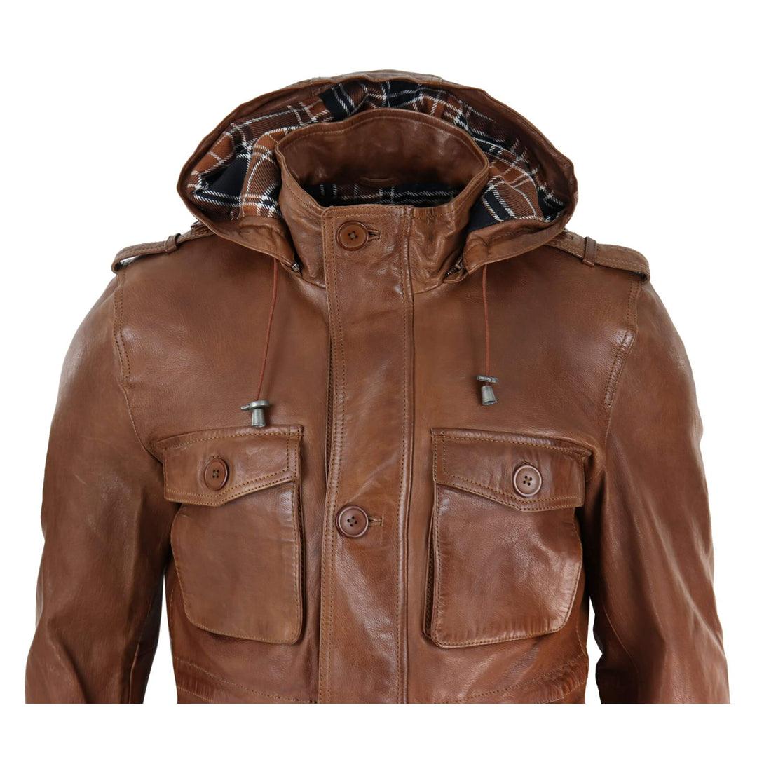 Mens 3/4 Long Real Leather Duffle Jacket Coat Safari Detachable Hood Military - Knighthood Store