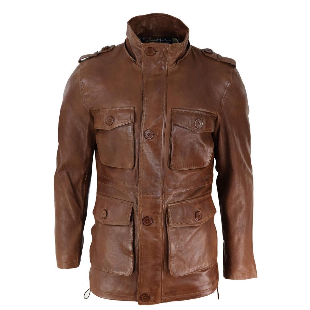 Mens 3/4 Long Real Leather Duffle Jacket Coat Safari Detachable Hood Military - Knighthood Store