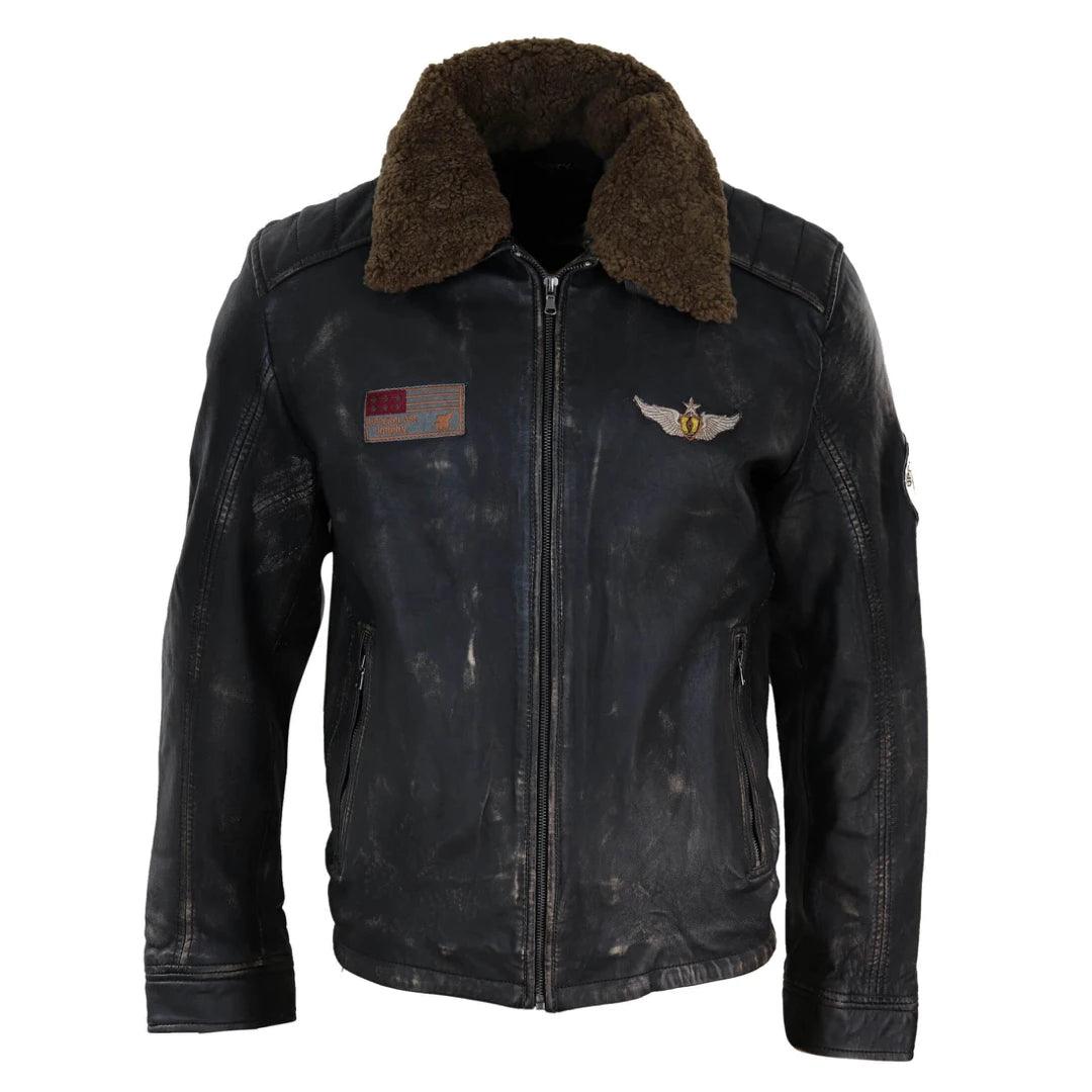 Mens Vintage Black Brown Zip Flying Aviator Jacket Fur Collar Badge Pilot Retro - Knighthood Store