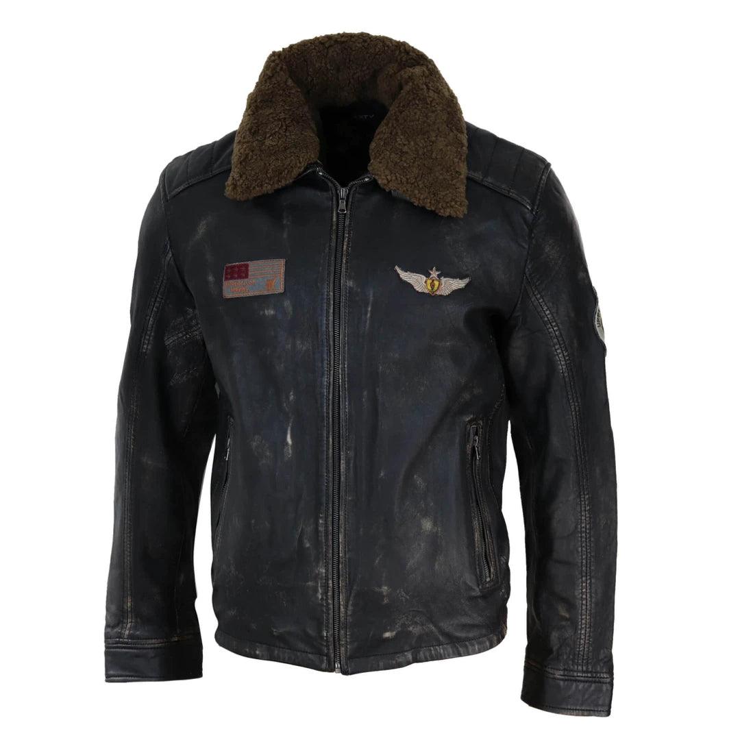 Mens Vintage Black Brown Zip Flying Aviator Jacket Fur Collar Badge Pilot Retro - Knighthood Store