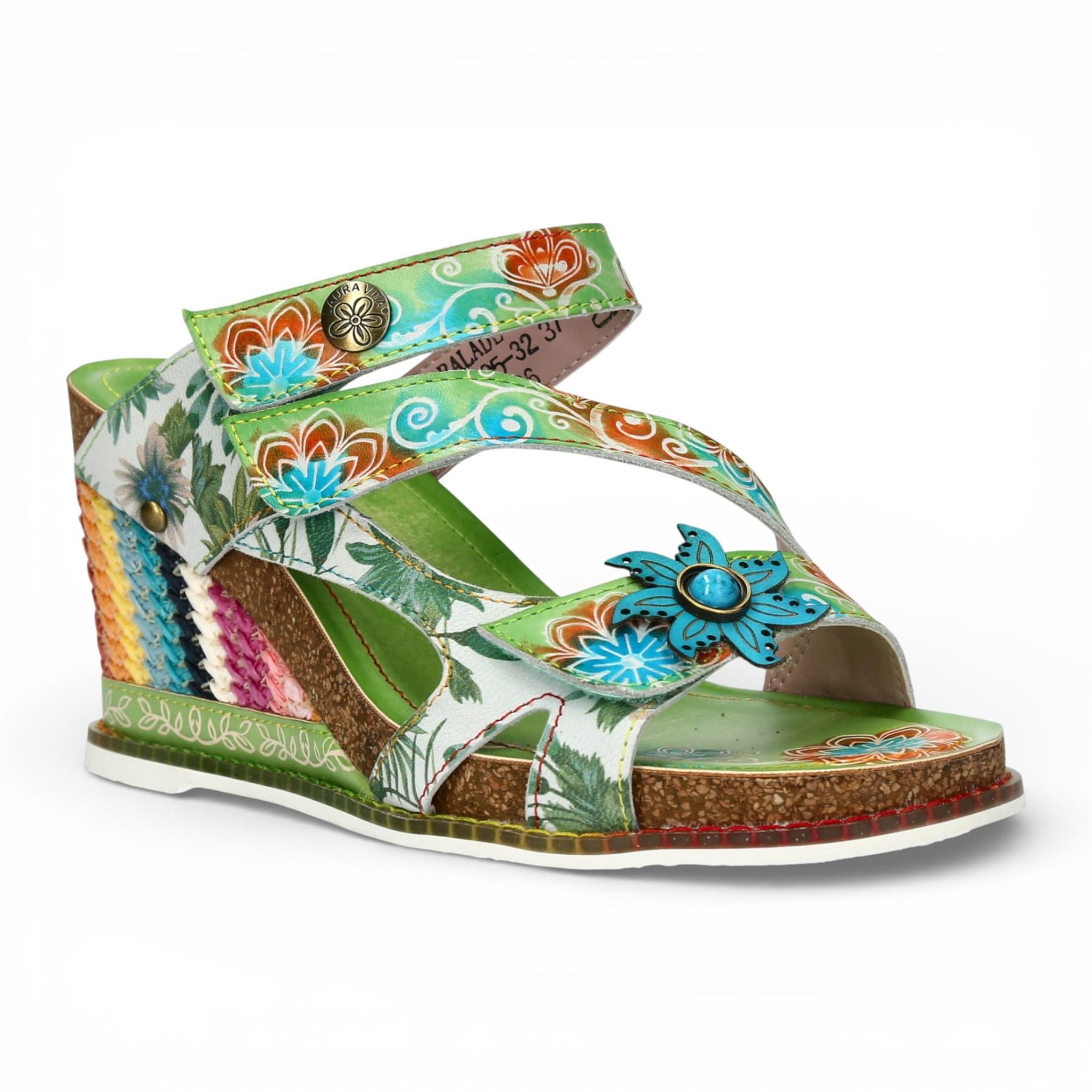 Balade 32 - Women's Vert Green Floral Leather Wedge Sandals