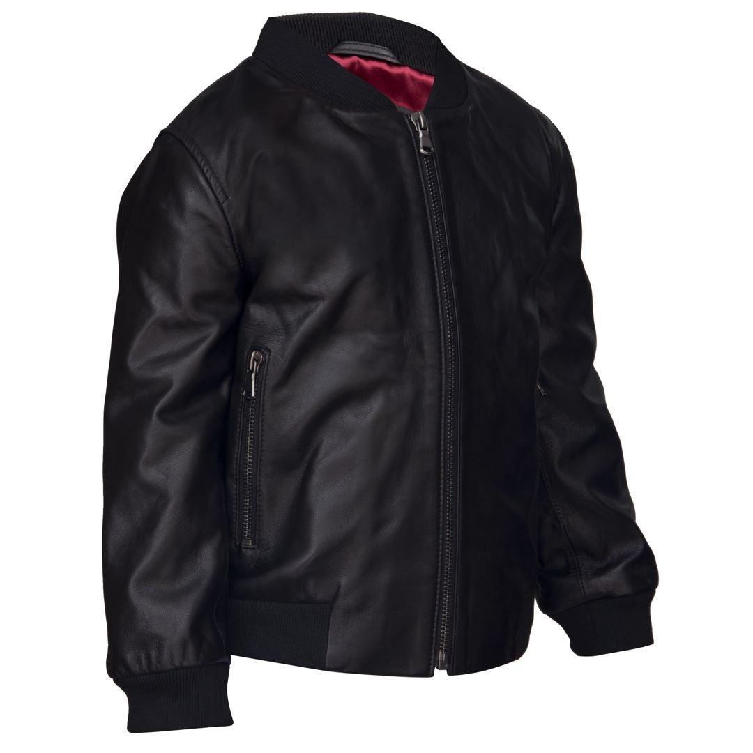 Boys GIrls Kids Unisex Real leather Bomber Style Jacket Varsity Zip Black Blue - Knighthood Store
