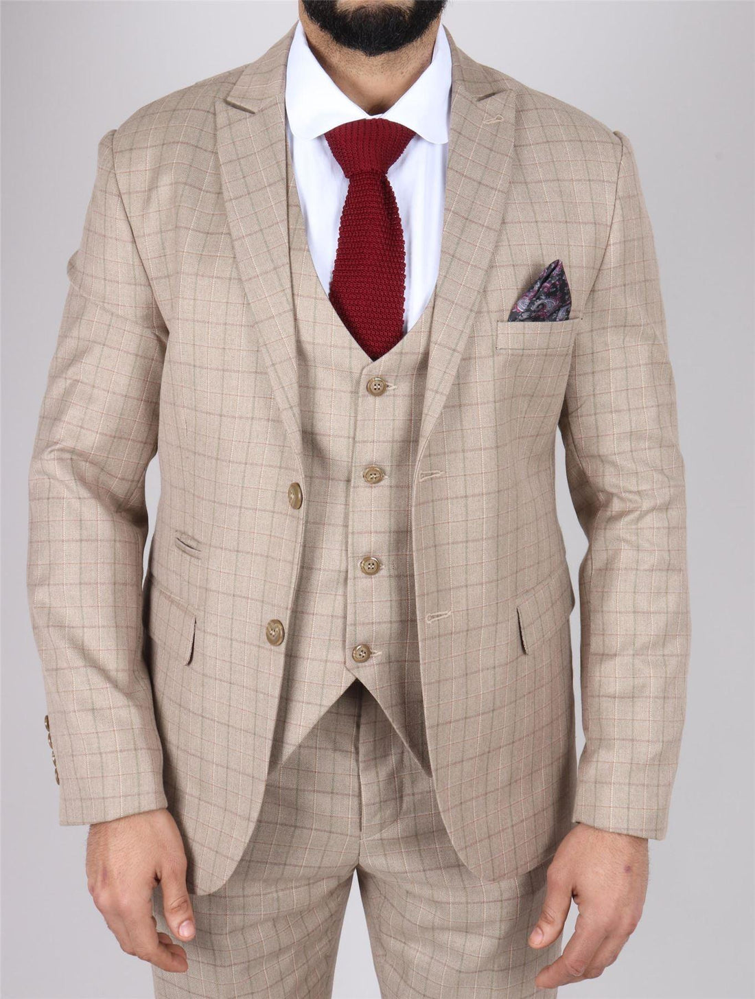 Men's Beige Suit Prince Of Wales Check Tailored Fit 3 Piece Formal Dress - Knighthood Store