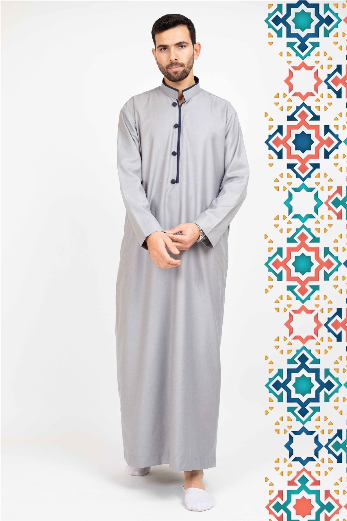 Men's Thobe Jubba Islamic Clothing Muslim Kaftan Emirati Omani Stand Collar