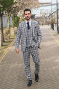 Men's Suit 3 Piece Grey Blue Checked Classic Plaid Tailored Fit Formal Dress - Knighthood Store