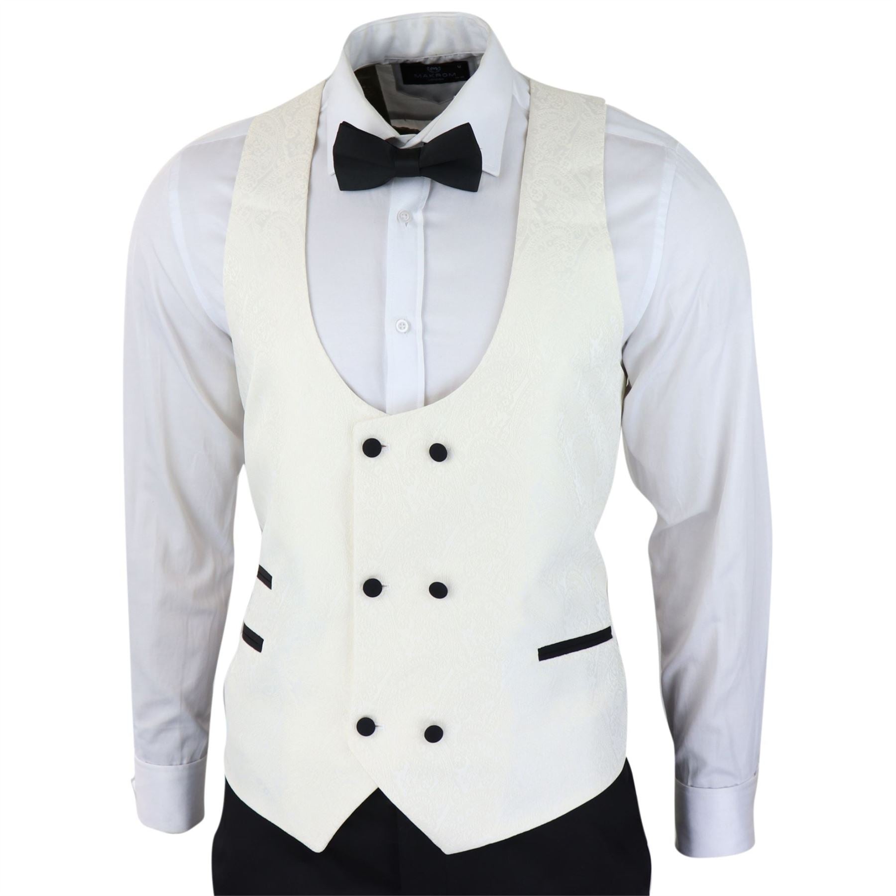Mens Paisley Tuxedo Blazer And Waistcoat Brocade Dinner Jacket Satin Ivory Black