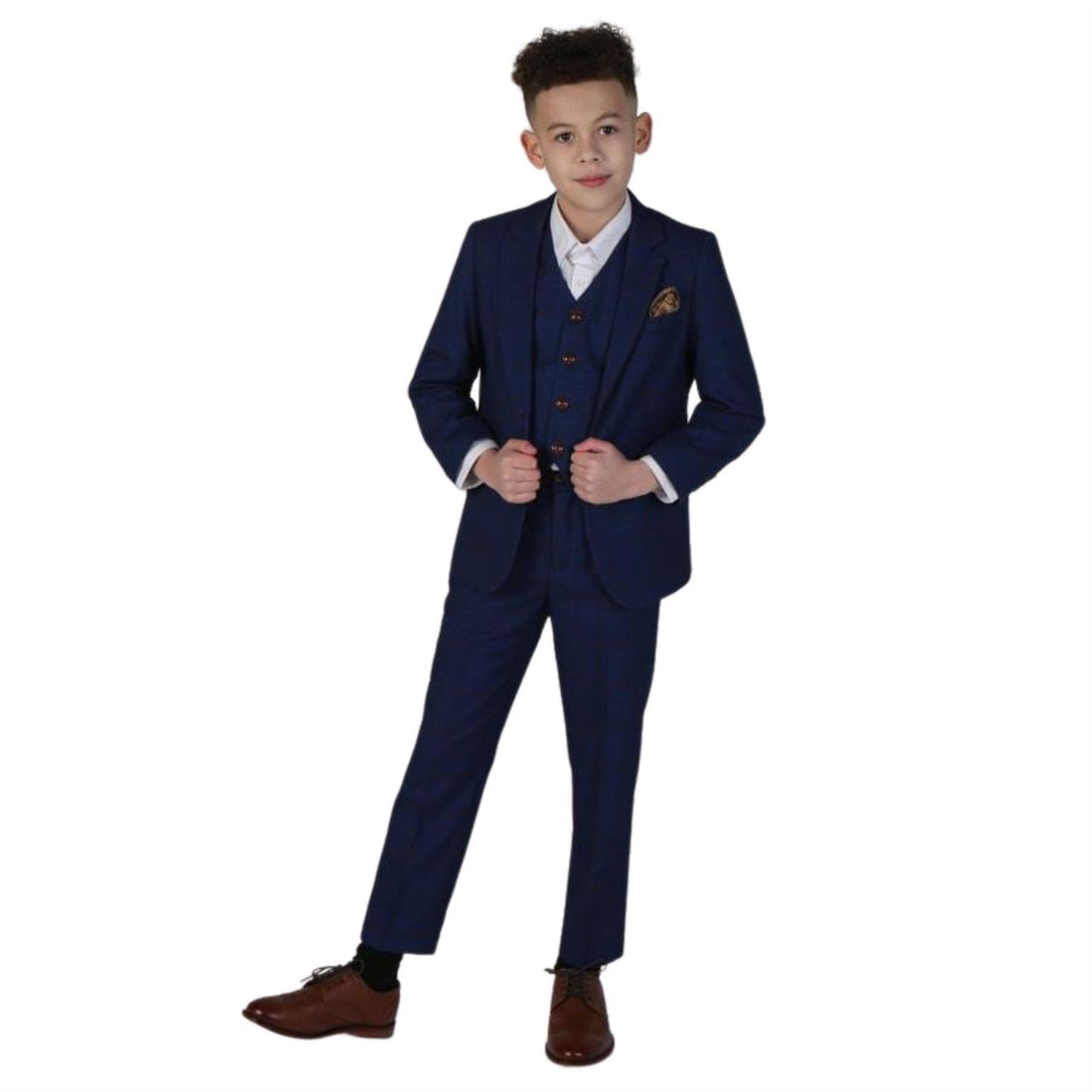 Boys Blue Brown Check 3 Piece Suit Wedding Prince Of Wales - Knighthood Store