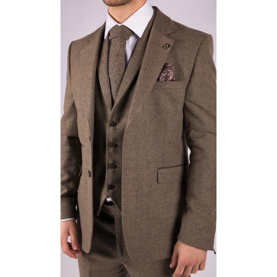 Mens Oak 3 Piece Tweed Suit Herringbone Wool Vintage Retro Fit - Knighthood Store