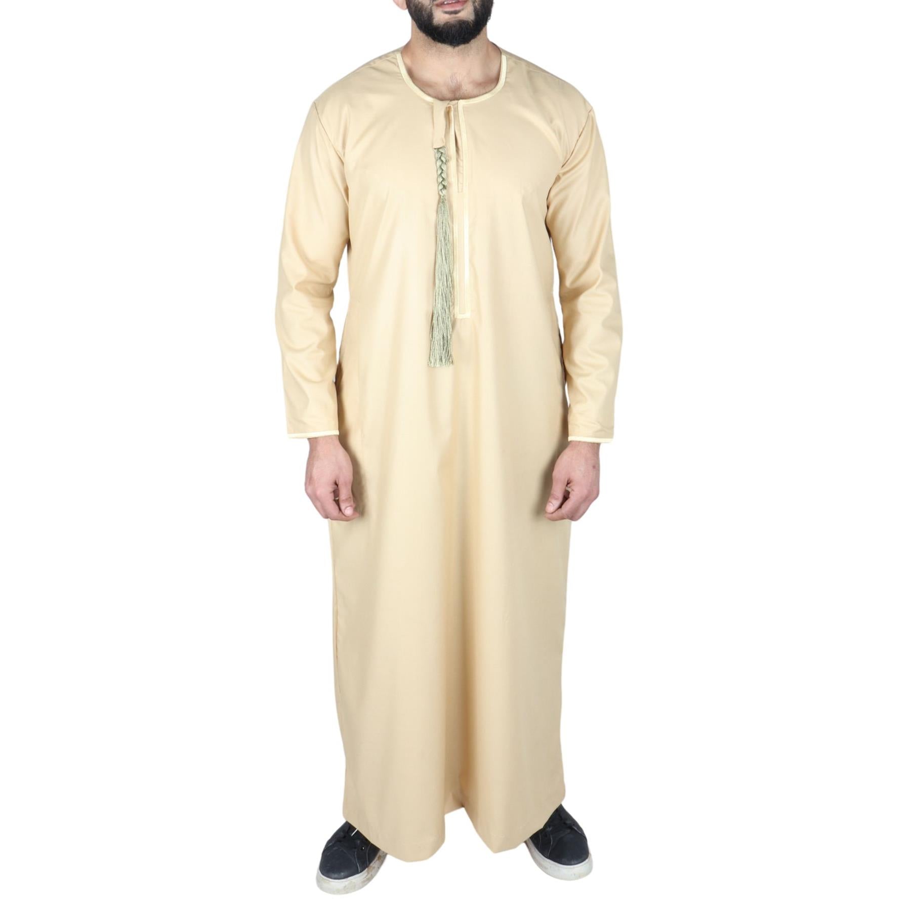 Mens Thobe Jubba Islamic Clothing Muslim Kaftan Emirati Omani Robe Arab Tassel