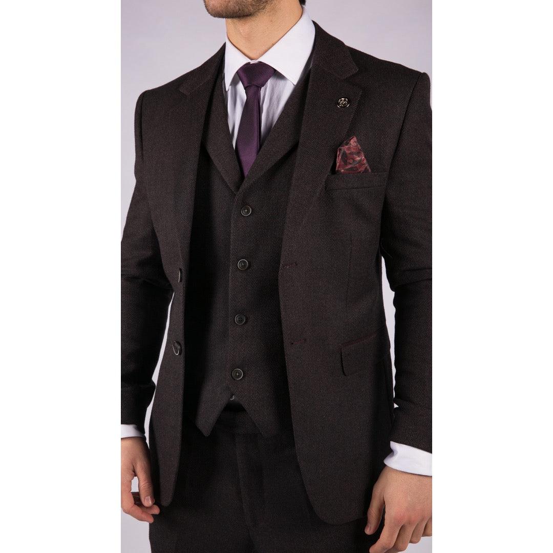Mens Herringbone Tweed 3 Piece Suit Purple Plum Tailored 1920s Vintage Blinders - Knighthood Store