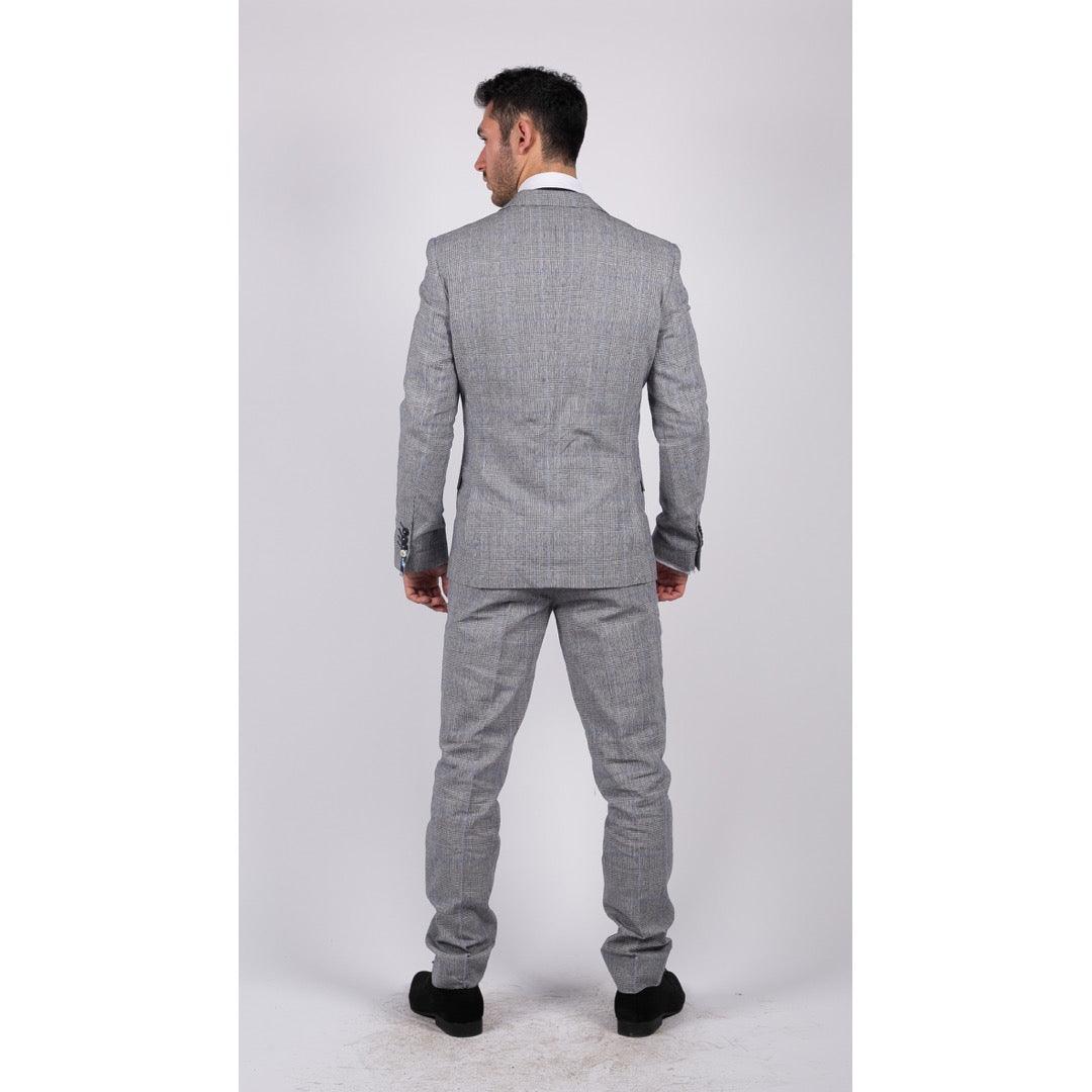 Mens 3 Piece Summer Suit Grey Check Blue Black Tailored Fit Classic Wedding Formal - Knighthood Store