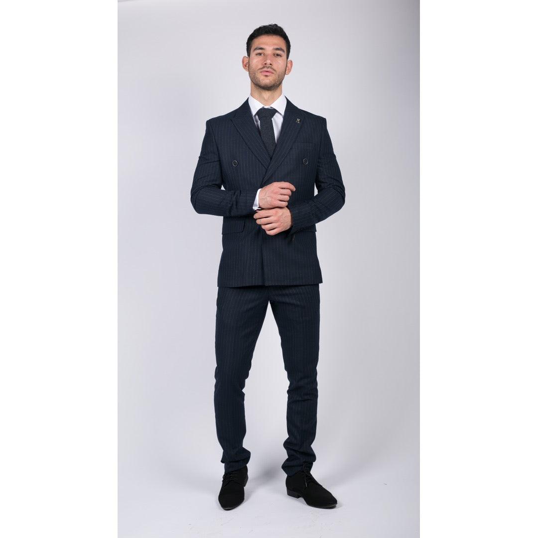 Mens Double Breasted Suit Navy Pinstripe 1920s Mafia Gangster Blinders Wedding - Knighthood Store