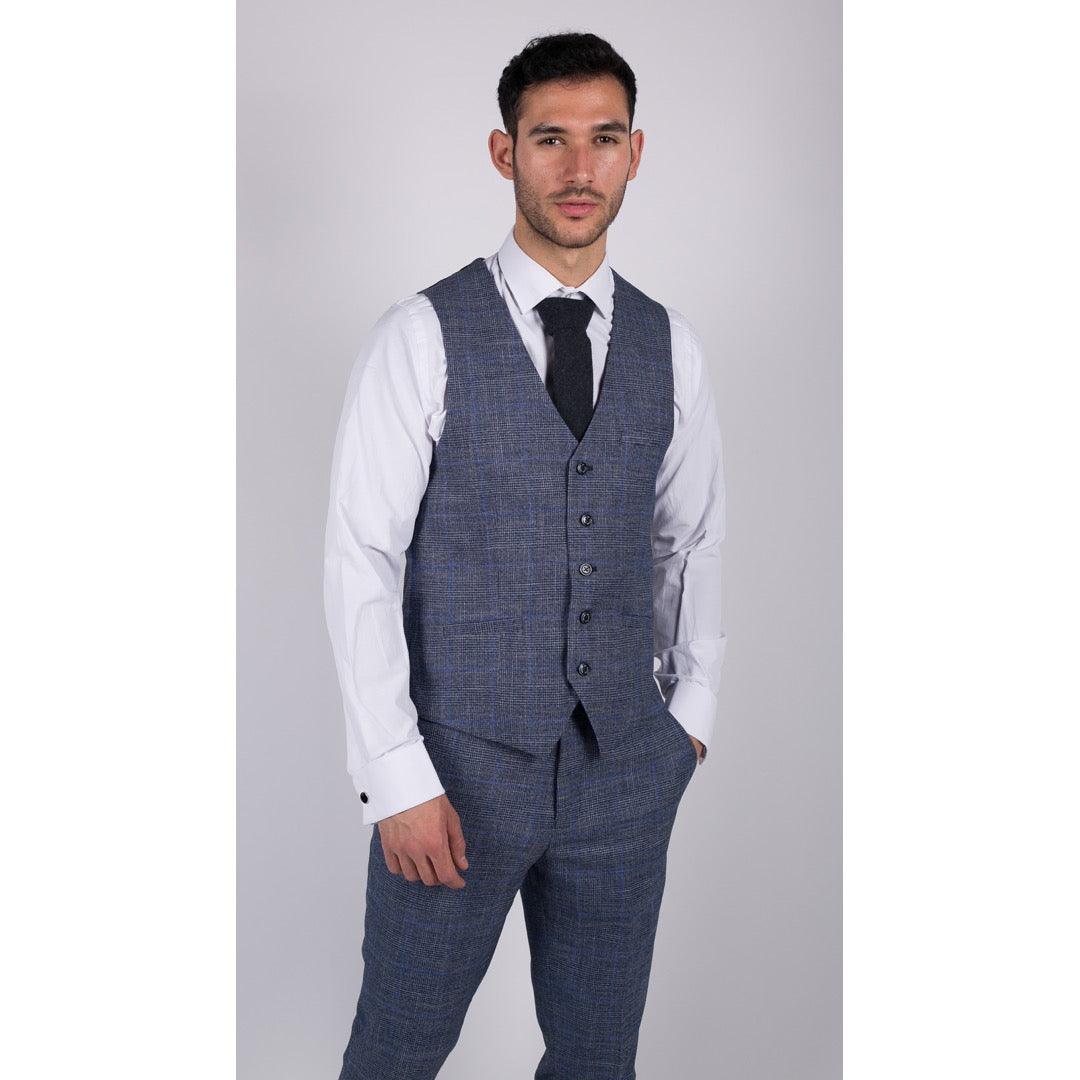 Mens 3 Piece Suit Blue Prince Of Wales Check Tailored Fit Summer Classic Vintage - Knighthood Store