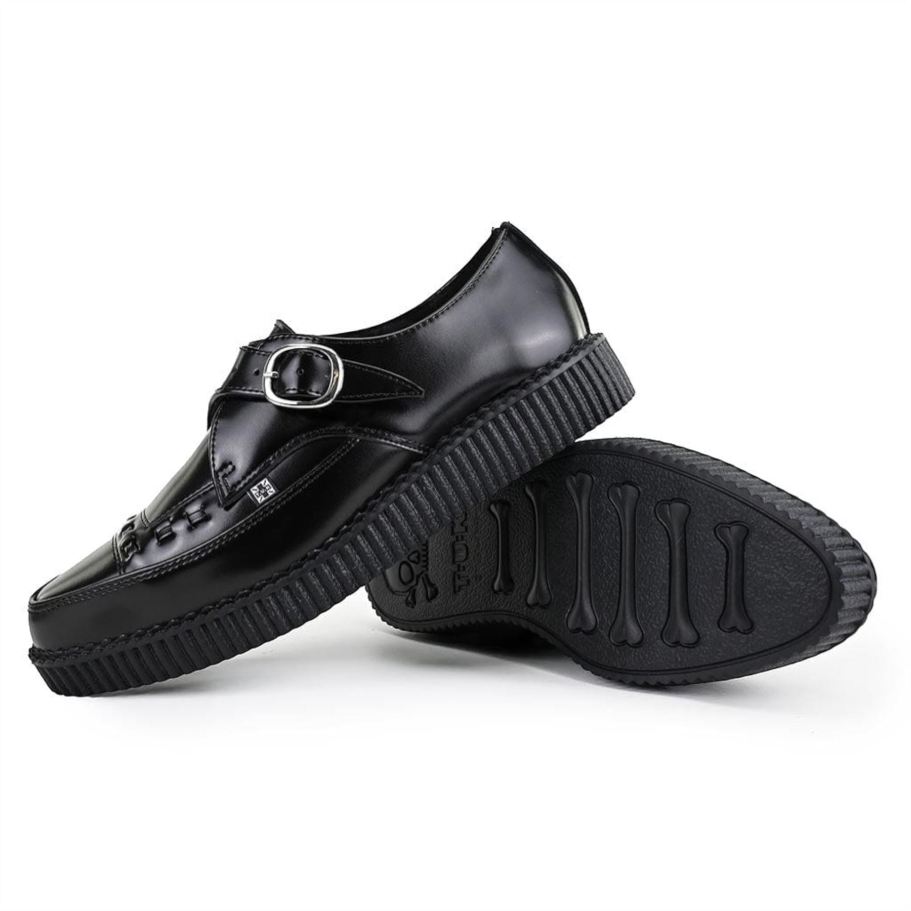 Pointed Creeper Black Leather Monk Buckle Platform Shoes