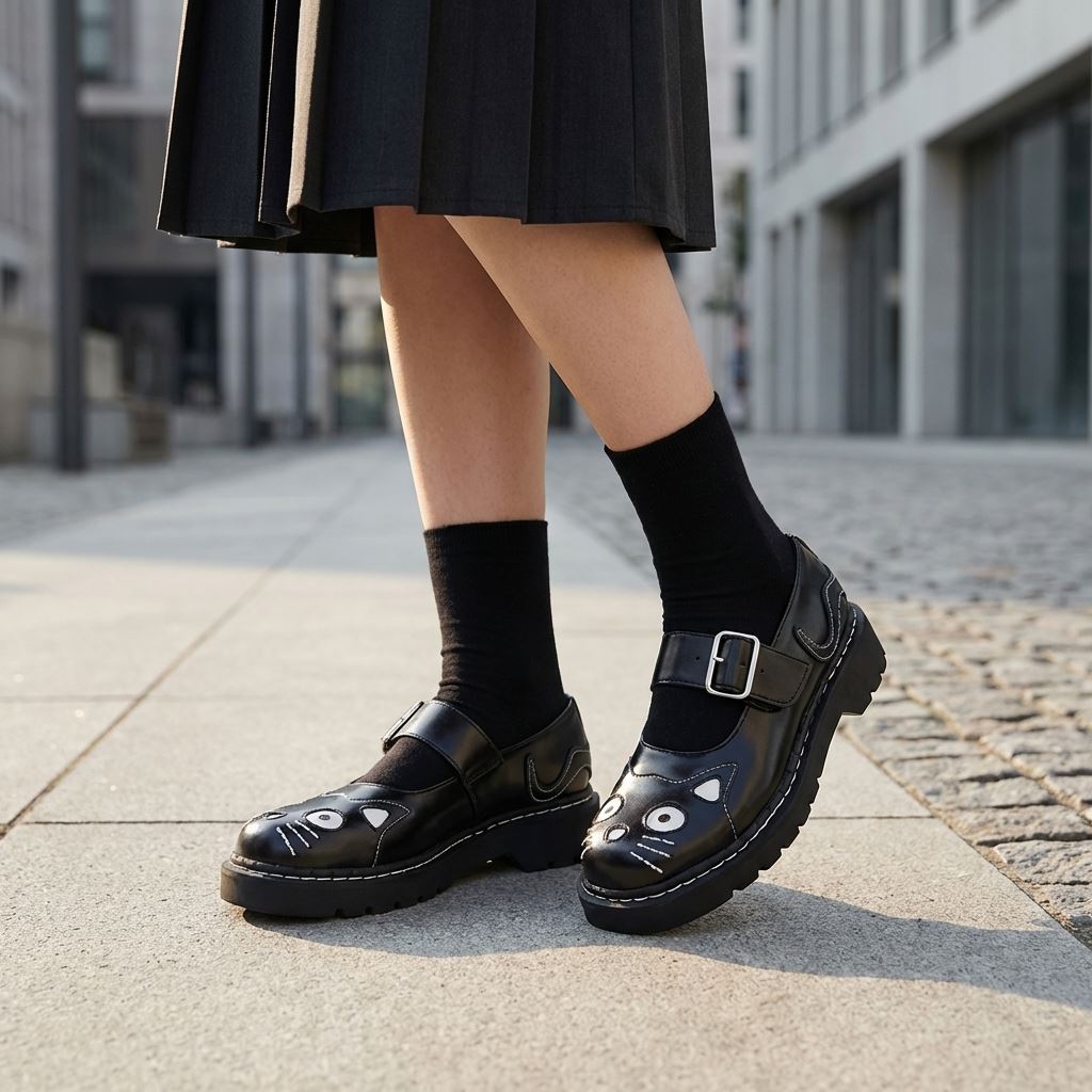 Women's Mary Jane Kitty Black Leather Platform Goth Shoes