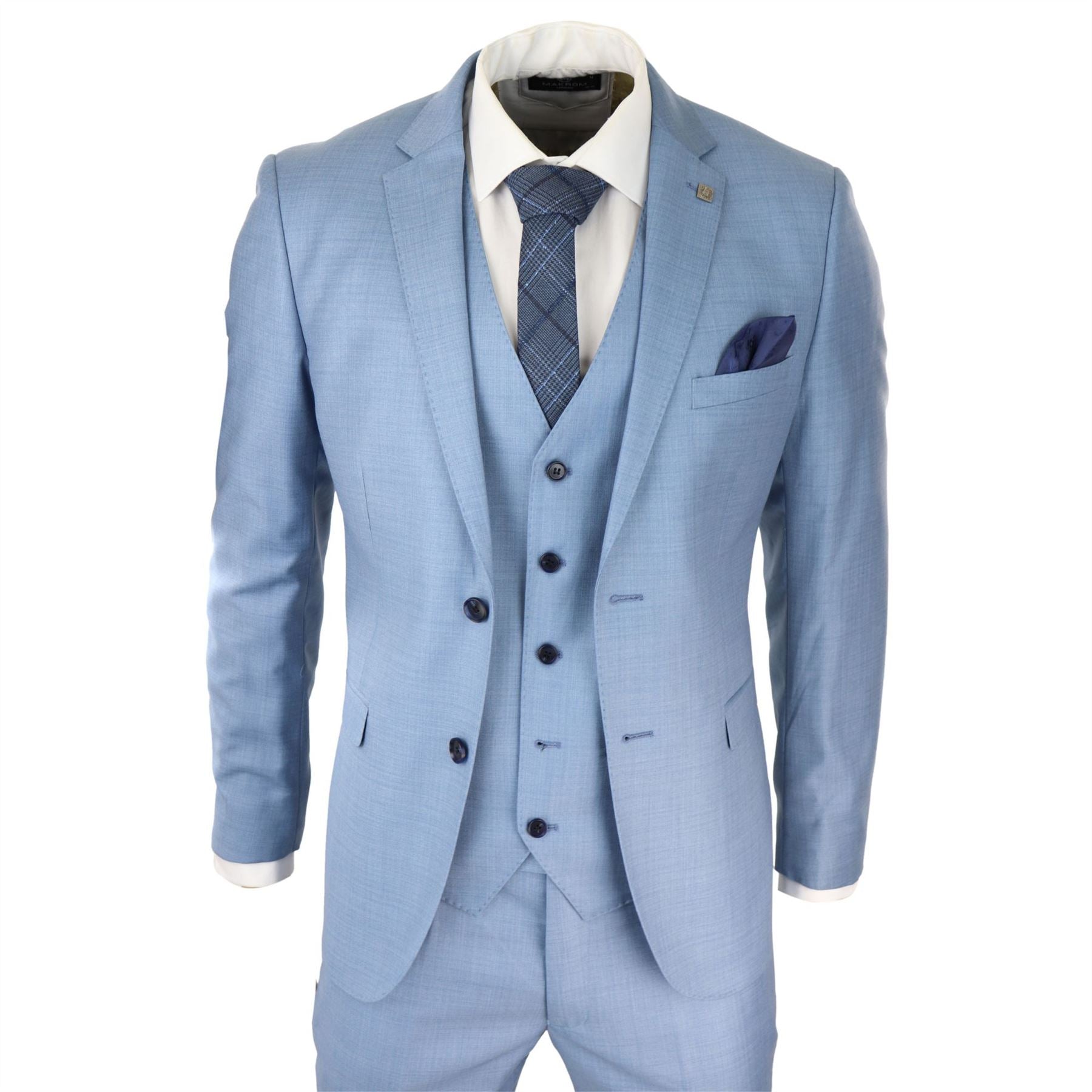 Mens Light Blue Sky 3 Piece Suit Classic Stitch Wedding Summer Prom Classic
