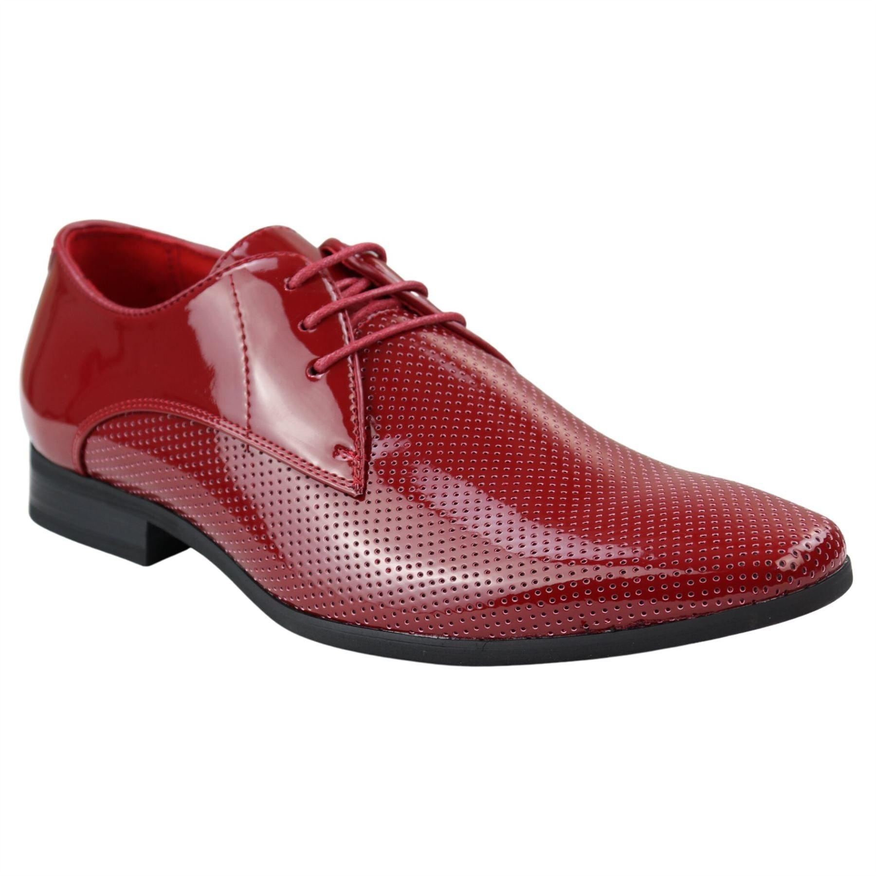Mens Shoes Smart Formal Perforated Pointed Laced Black Red White Patent Leather PU - Knighthood Store