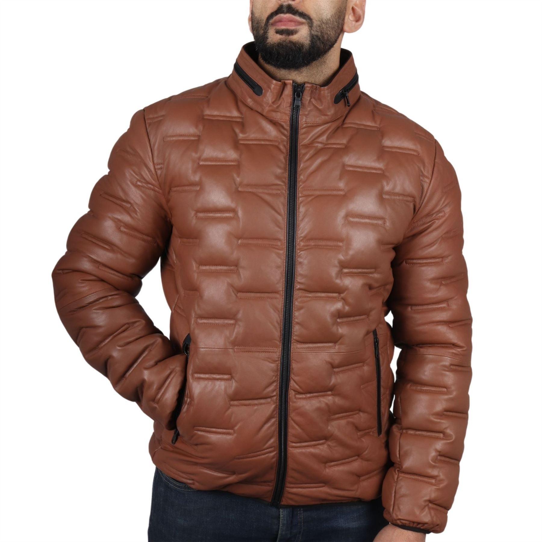 Men's Puffer Quilted Real Leather Jacket Casual Waist Length - Knighthood Store