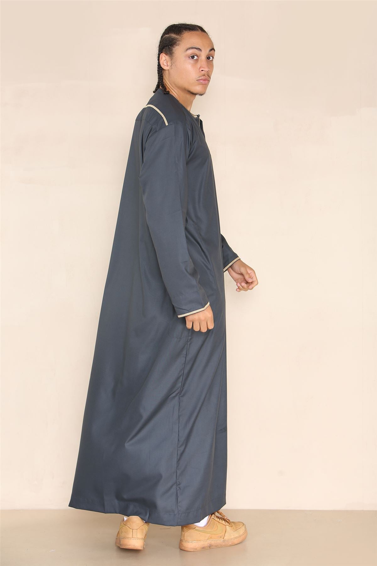 Mens Emirati Omani Thobe Jubba Islamic Clothing Muslim Kaftan Eid Robe Arab String Tassel