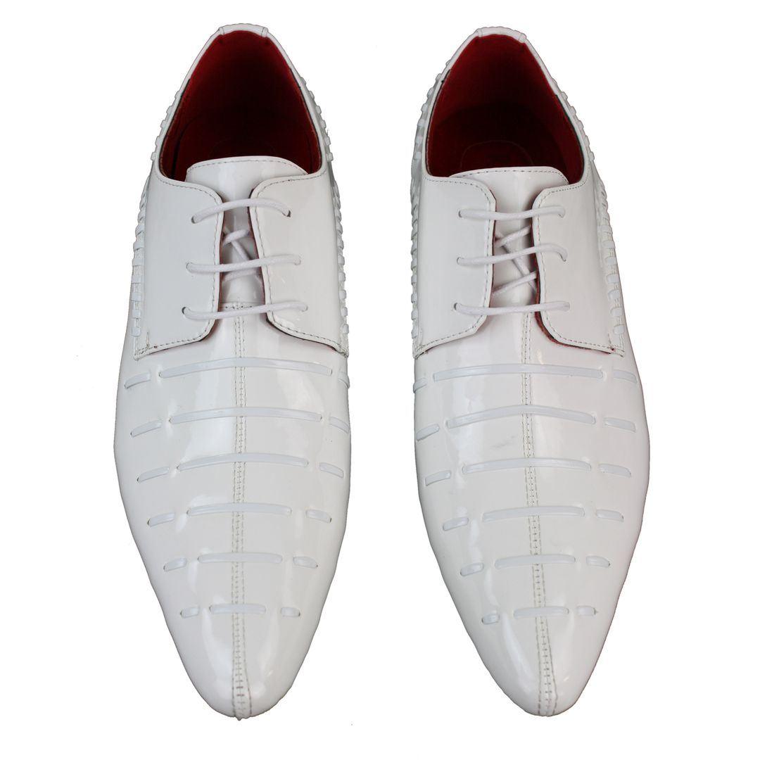 Mens Italian Design White Laced Leather Shiny Patent Shoes Smart Casual - Knighthood Store