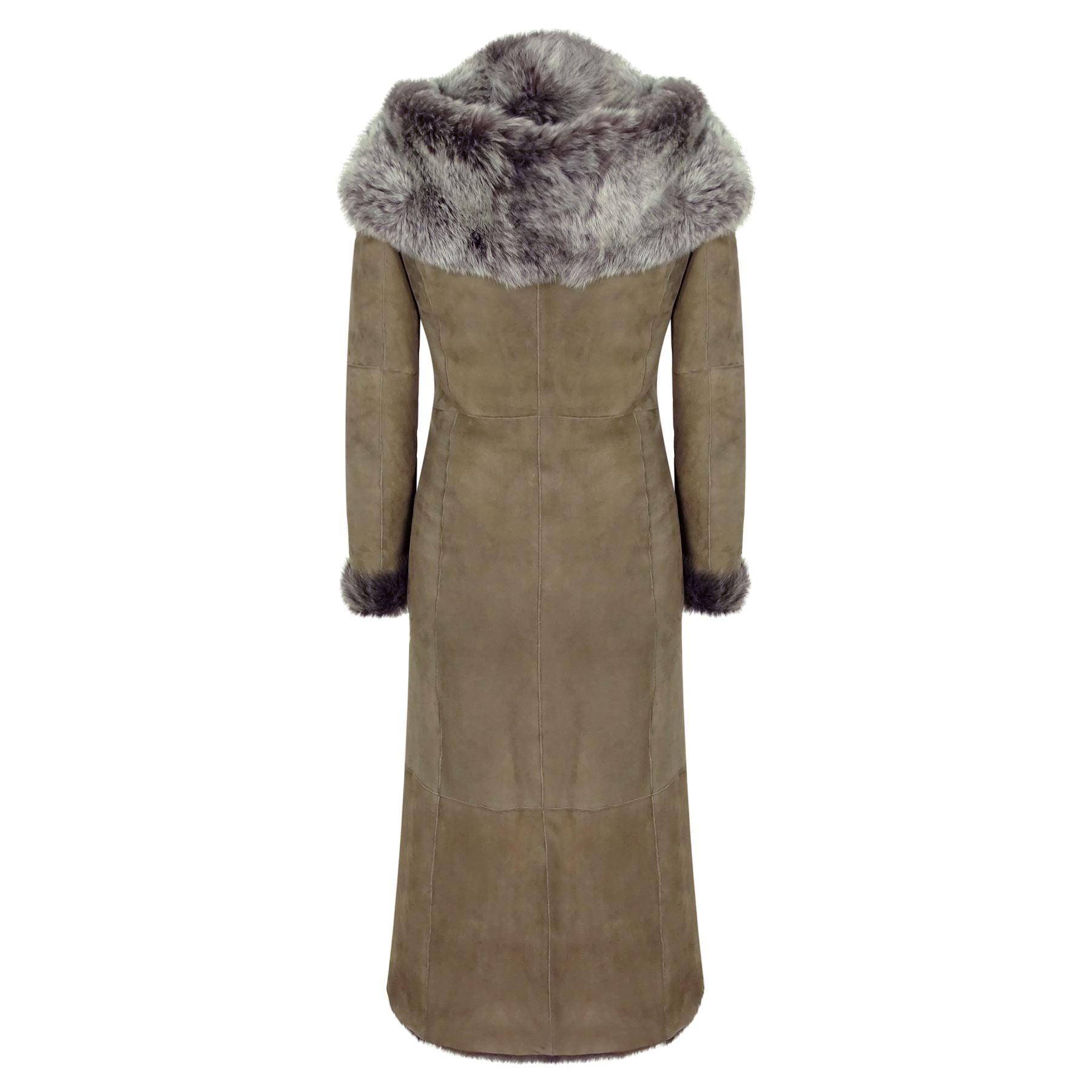 Ladies Suede Toscana Full Length Hooded Taupe Sheepskin Leather Trench Coat - Knighthood Store