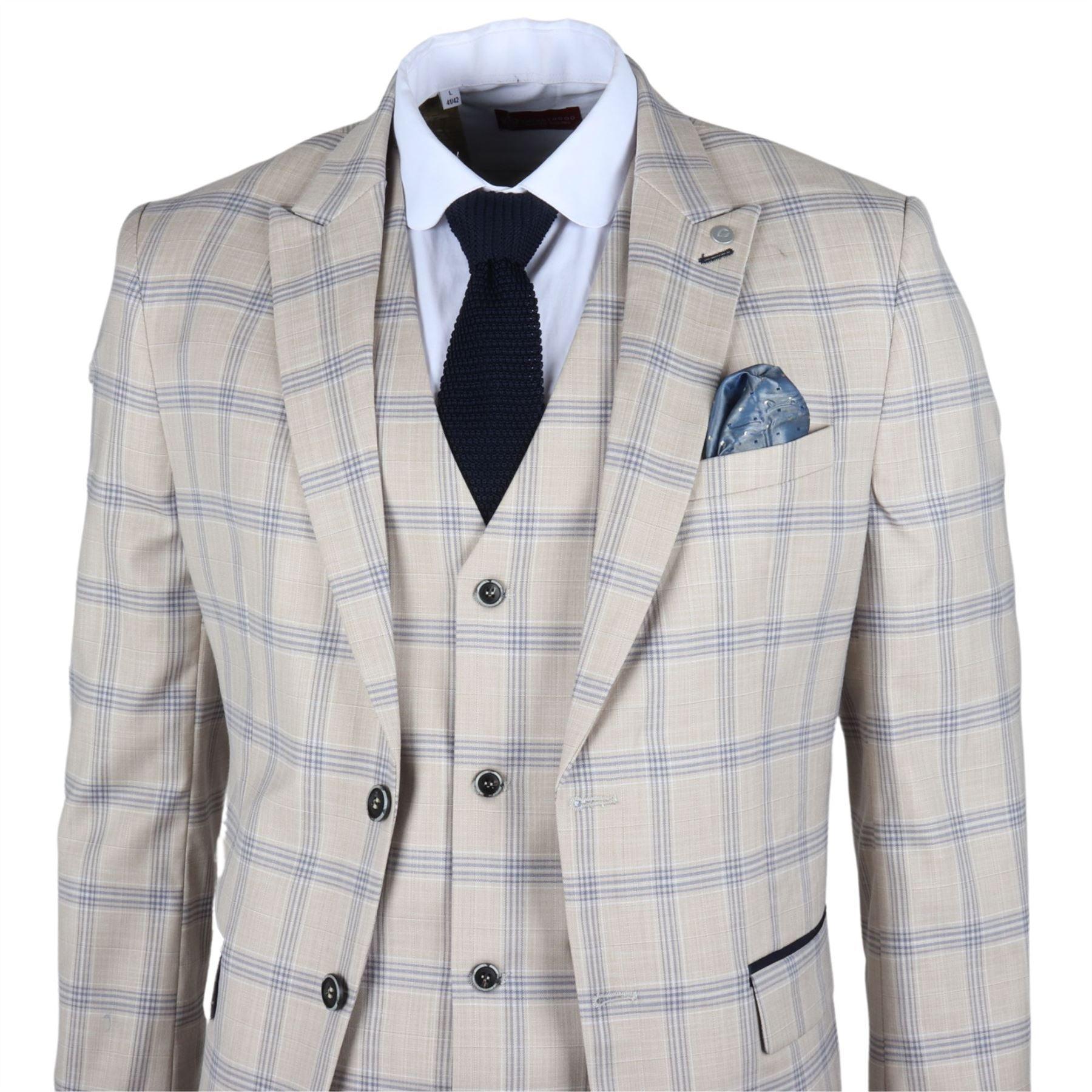 Men's Blazer Beige Checked Classic Sport Coat Plaid Tailored Fit - Knighthood Store
