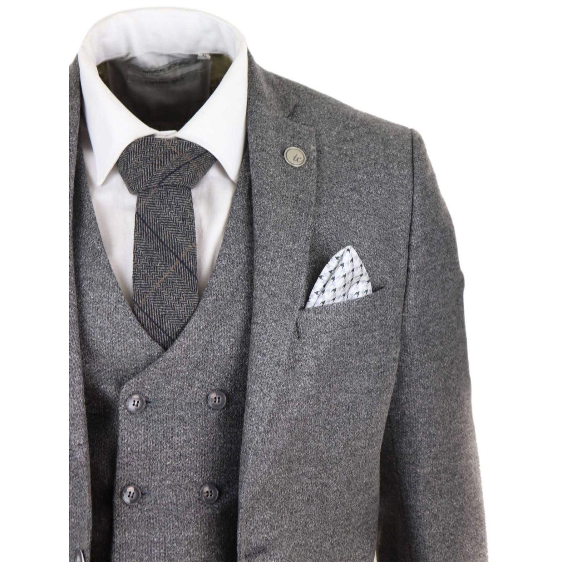 Mens Grey Wool 3 Piece Suit Double Breasted Waistcoat Tweed 1920s - Knighthood Store