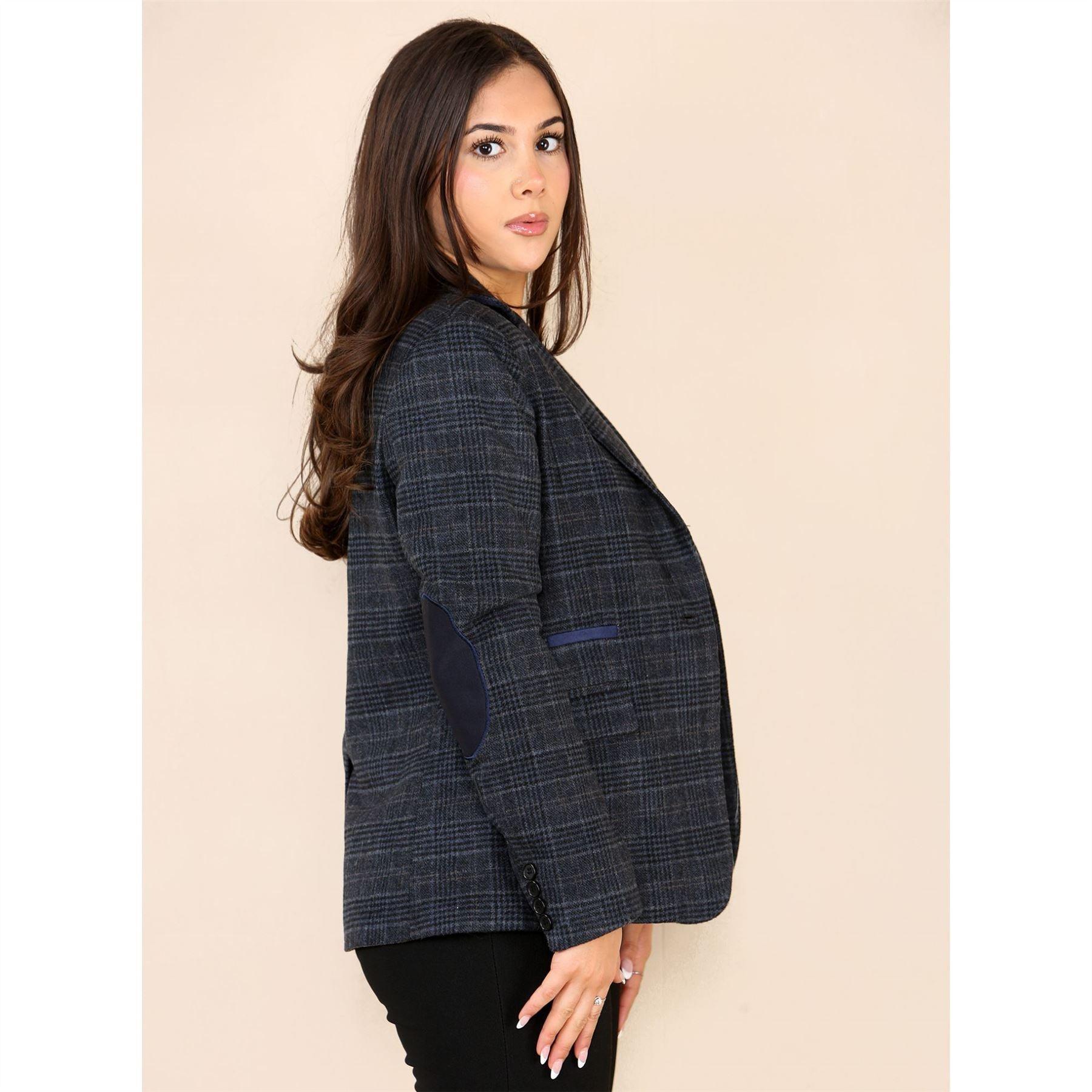 Womens Tweed Check Waistcoat Blazer Suit Navy Blue Classic Vintage Elboy Patch 1920s - Knighthood Store