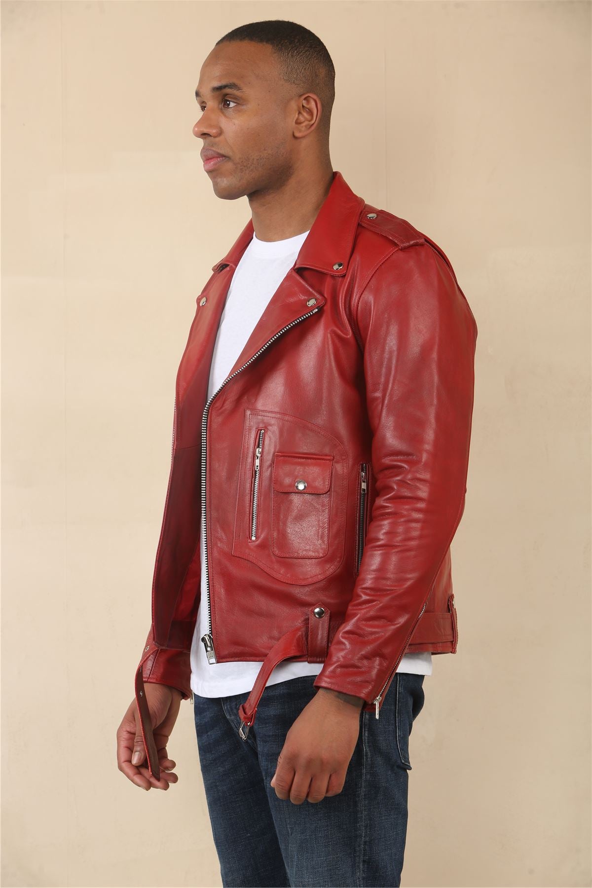 Men's Cow Hide Biker Brando Cross Zip Leather Jacket