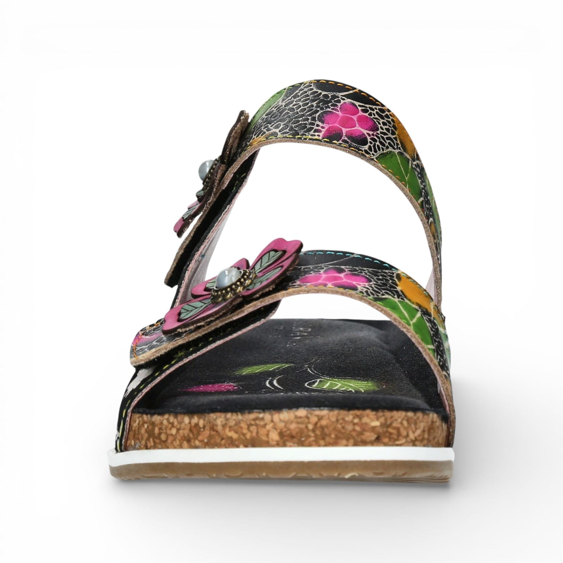 Brcyano 32 - Women's Black Floral Leather Strappy Slipper